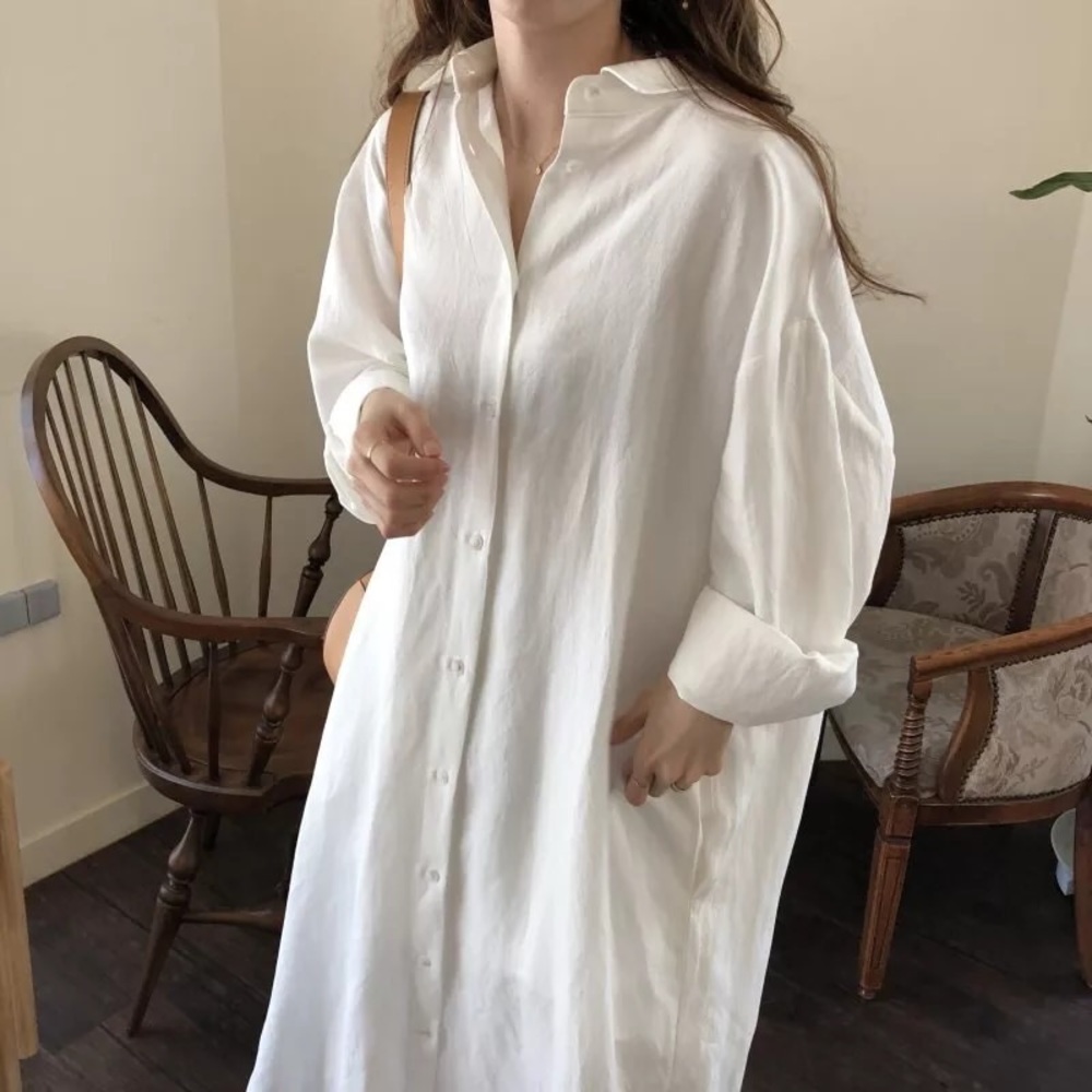 Shirt dress long women’s button collar top pockets white black - Picture 5 of 16